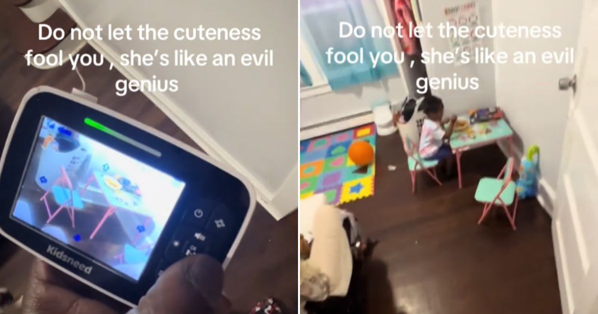 Screenshots of a little girl pretending to be doing her homework in front of her dad. (Cover Image Source: TikTok | @emerginntv)
