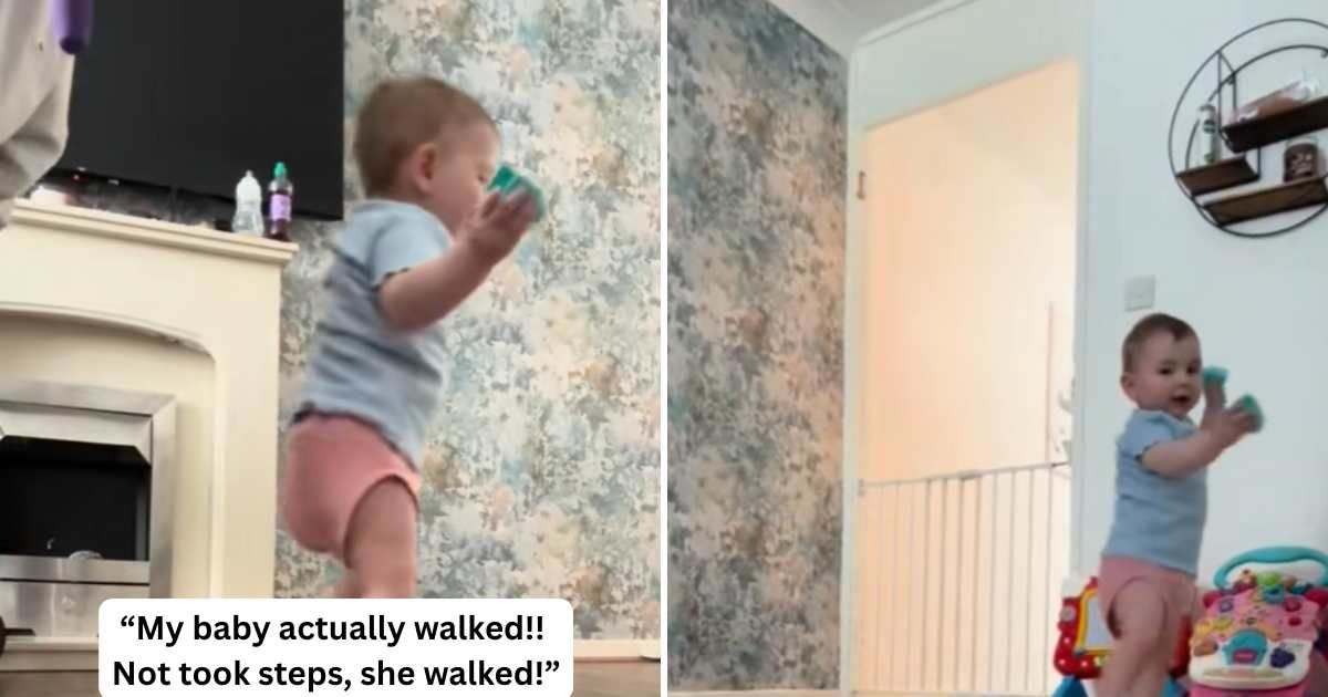 Screenshots of the baby walking with two objects in her hands. (Image Source: TikTok | @beth86455)