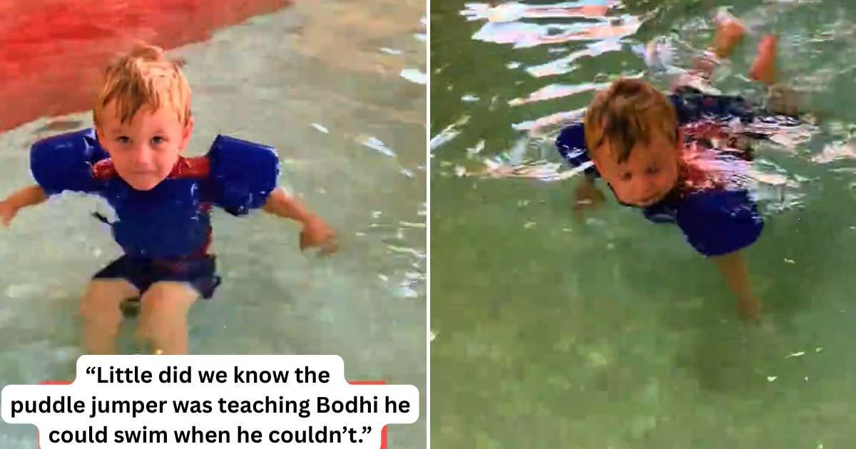 Screencaptures of the video of Bodhi swimming with assistance (Cover Image Source: TikTok | @the.kervin.family)