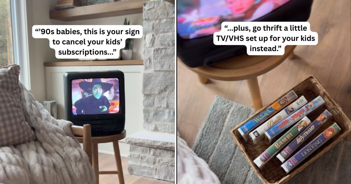 Mom thrifts old TV and VHS tapes for kids. (Cover Image Source: TikTok | @heyemmylou_)