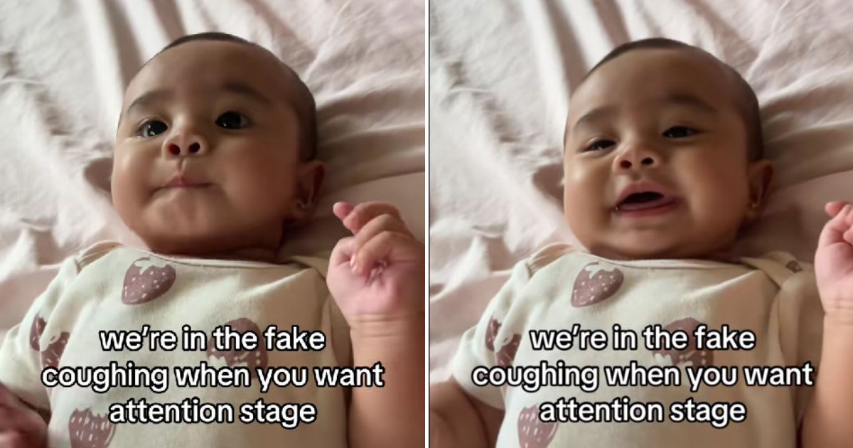 Baby pretends to cough for attention from parents. (Cover Image Source: TikTok | @mommy.marie33)