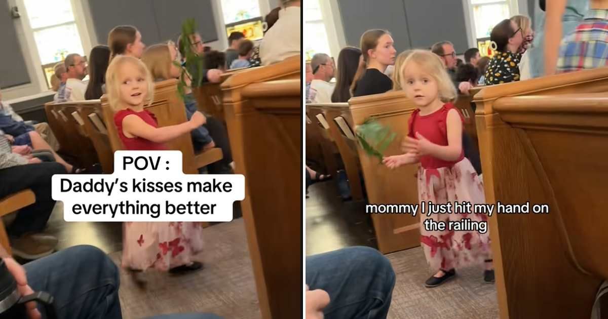 Screenshots of the little girl in church coming running to daddy. (Cover Image Source: TikTok | @ isabel.wherryy)
