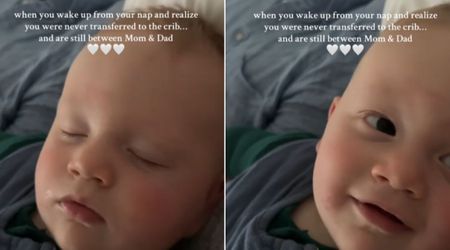 Baby’s precious reaction to waking up between his parents instead of the crib is just pure joy